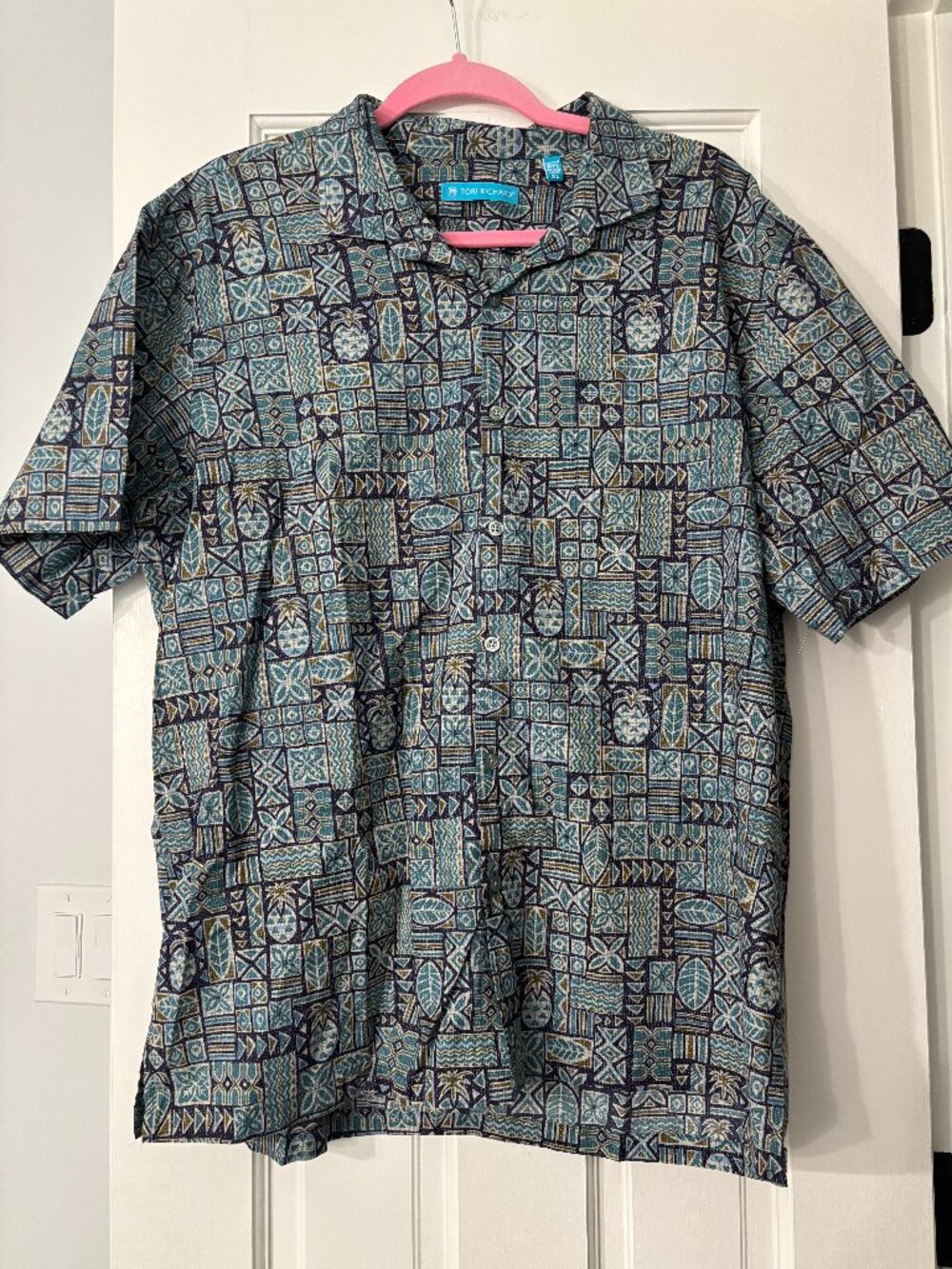 Tori Richard Pineapple Geometric Cotton Lawn Aloga Shirt - Blue - XL